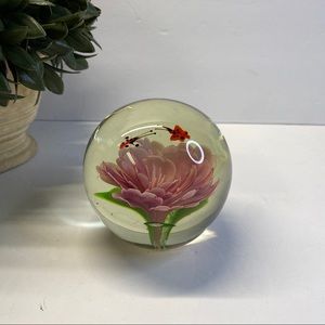 China Glass Paperweight With Pink Flower  And  Butterflies 1.15lbs